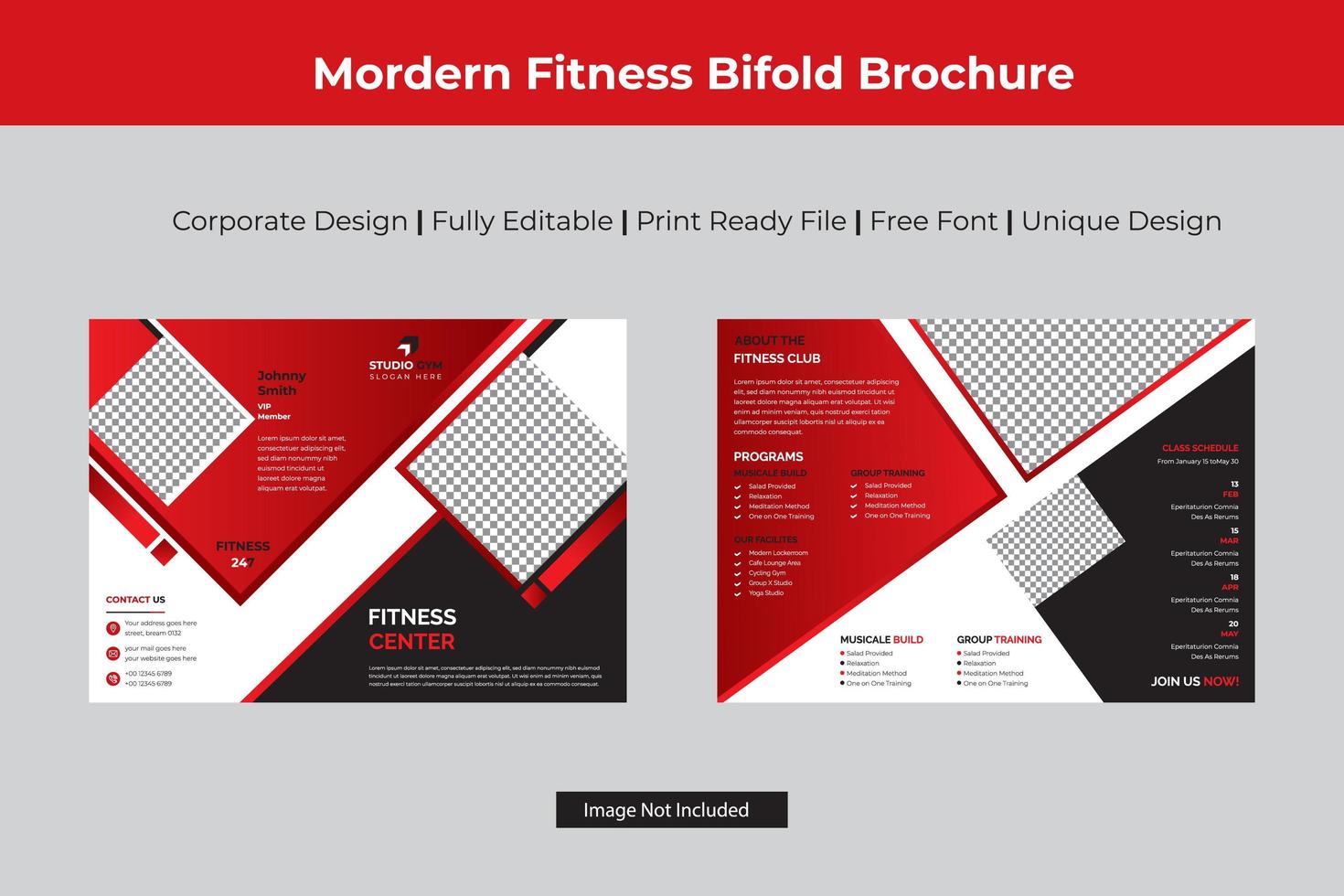 folleto plegable rojo de fitness con detalles de diamantes vector