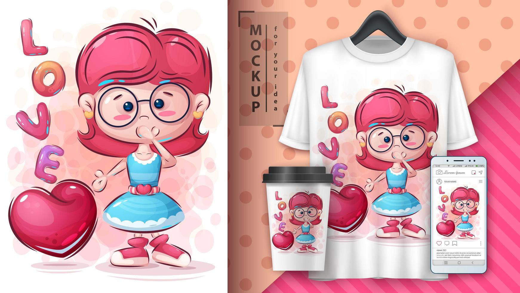 Cartoon Girl with Heart Poster vector