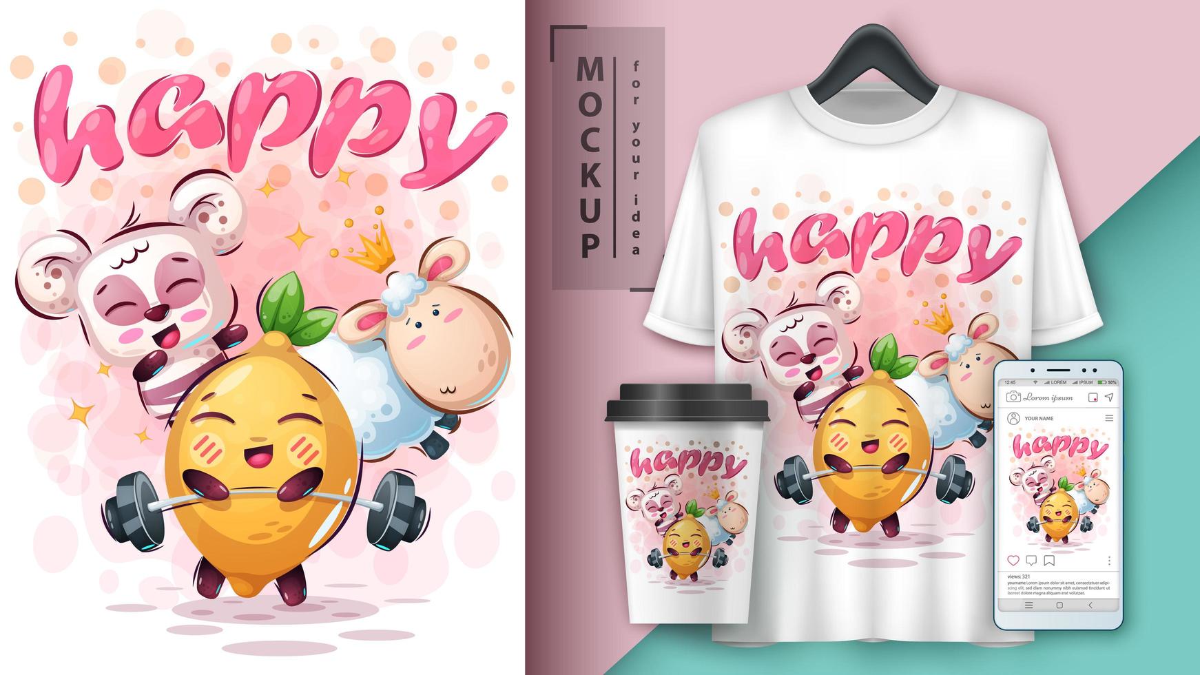 Happy Cartoon Animals and Lemon Poster  vector