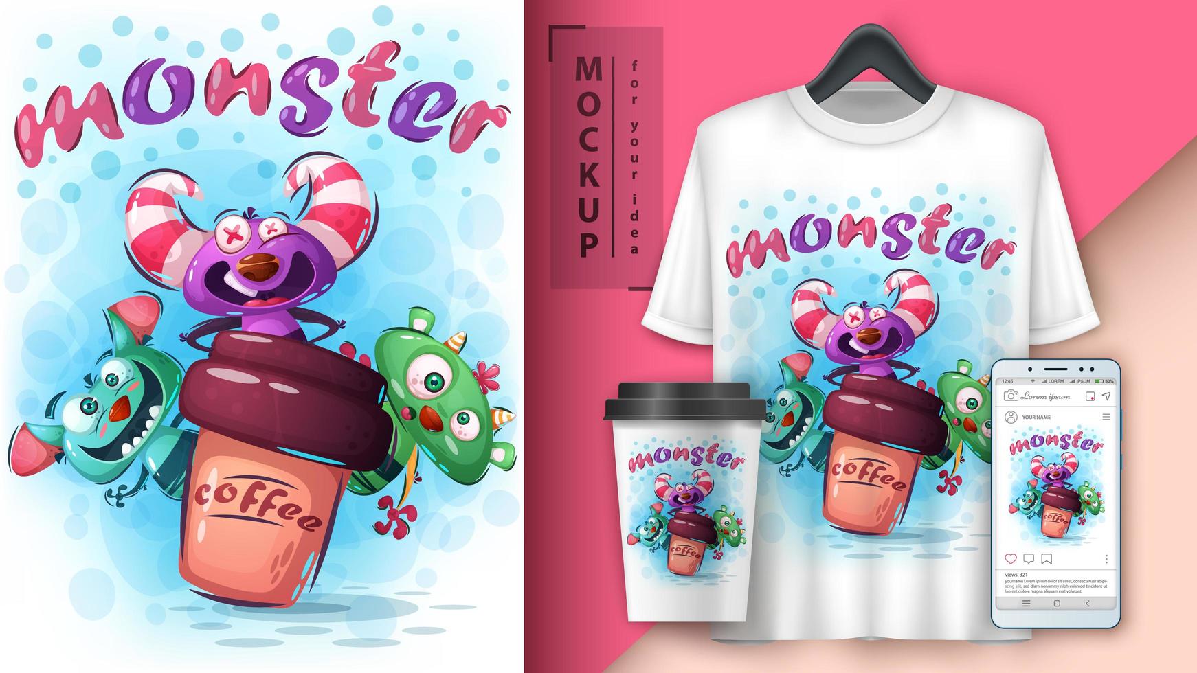 Cute Monsters with Coffee Poster  vector