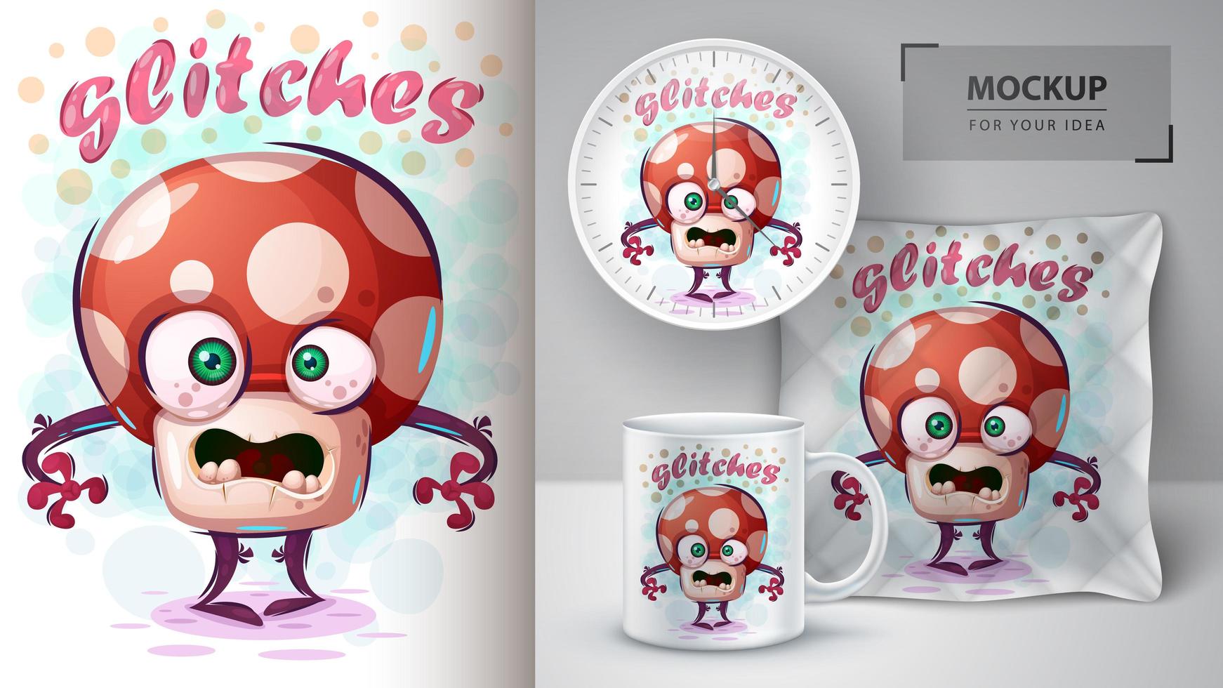 Crazy Cartoon Mushroom Glitches Poster vector