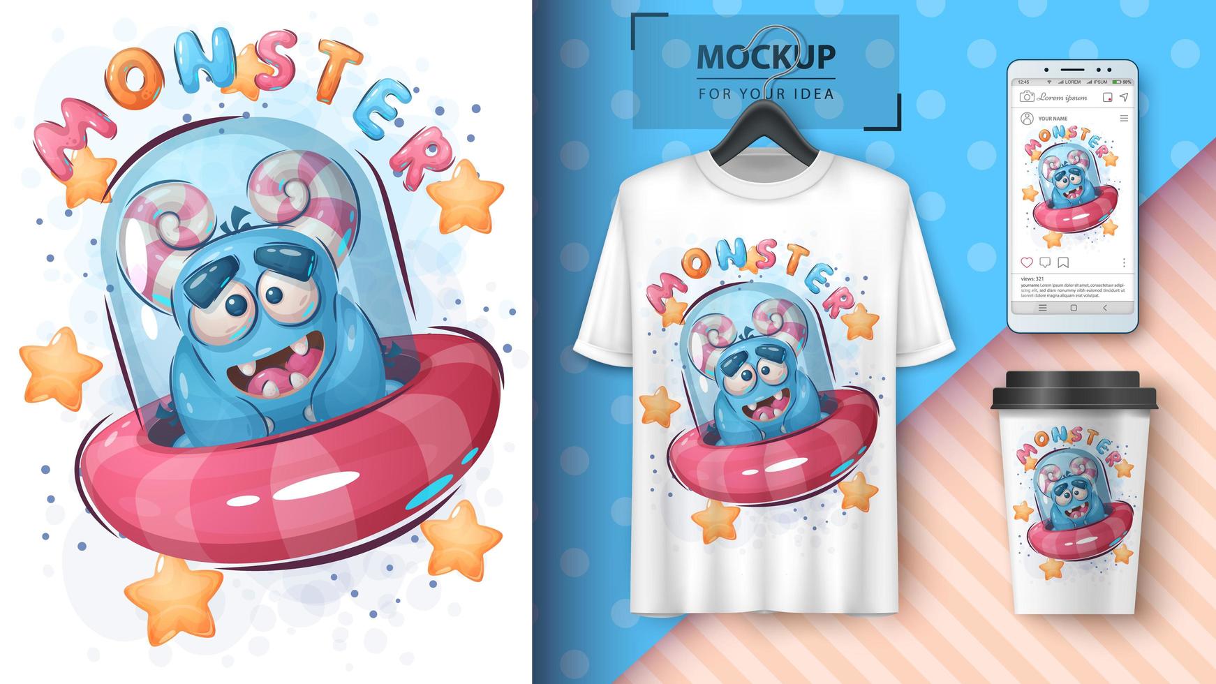 Cute Blue Monster in Ufo Poster  vector