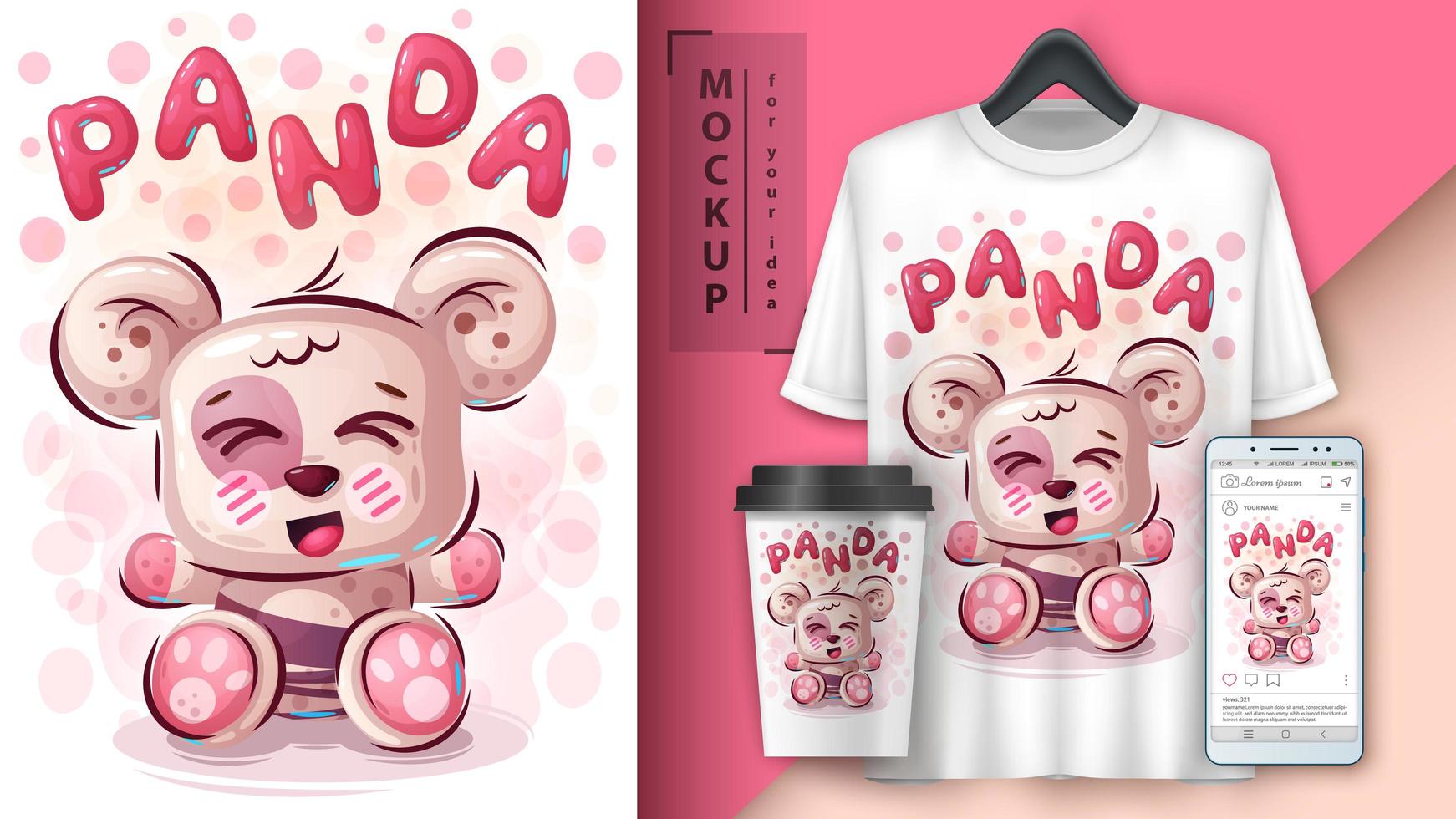 cartel de panda de peluche y merchandising vector