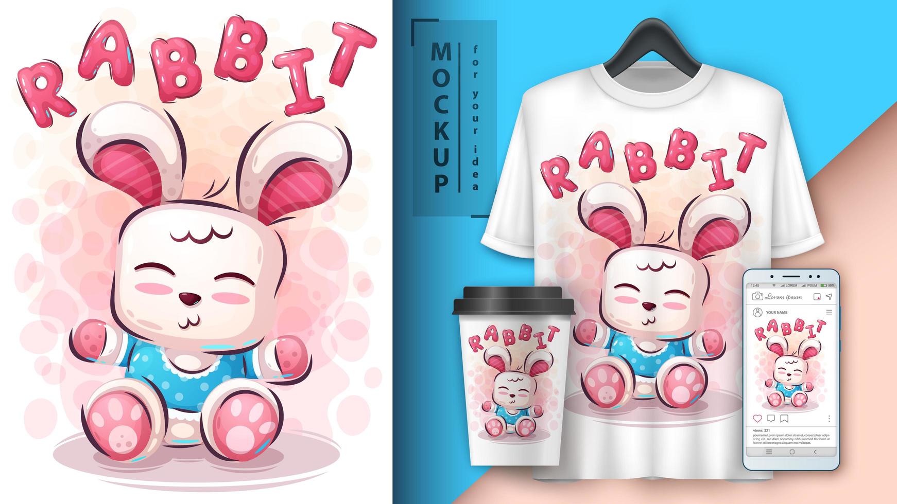 cartel de conejo de peluche y merchandising. vector