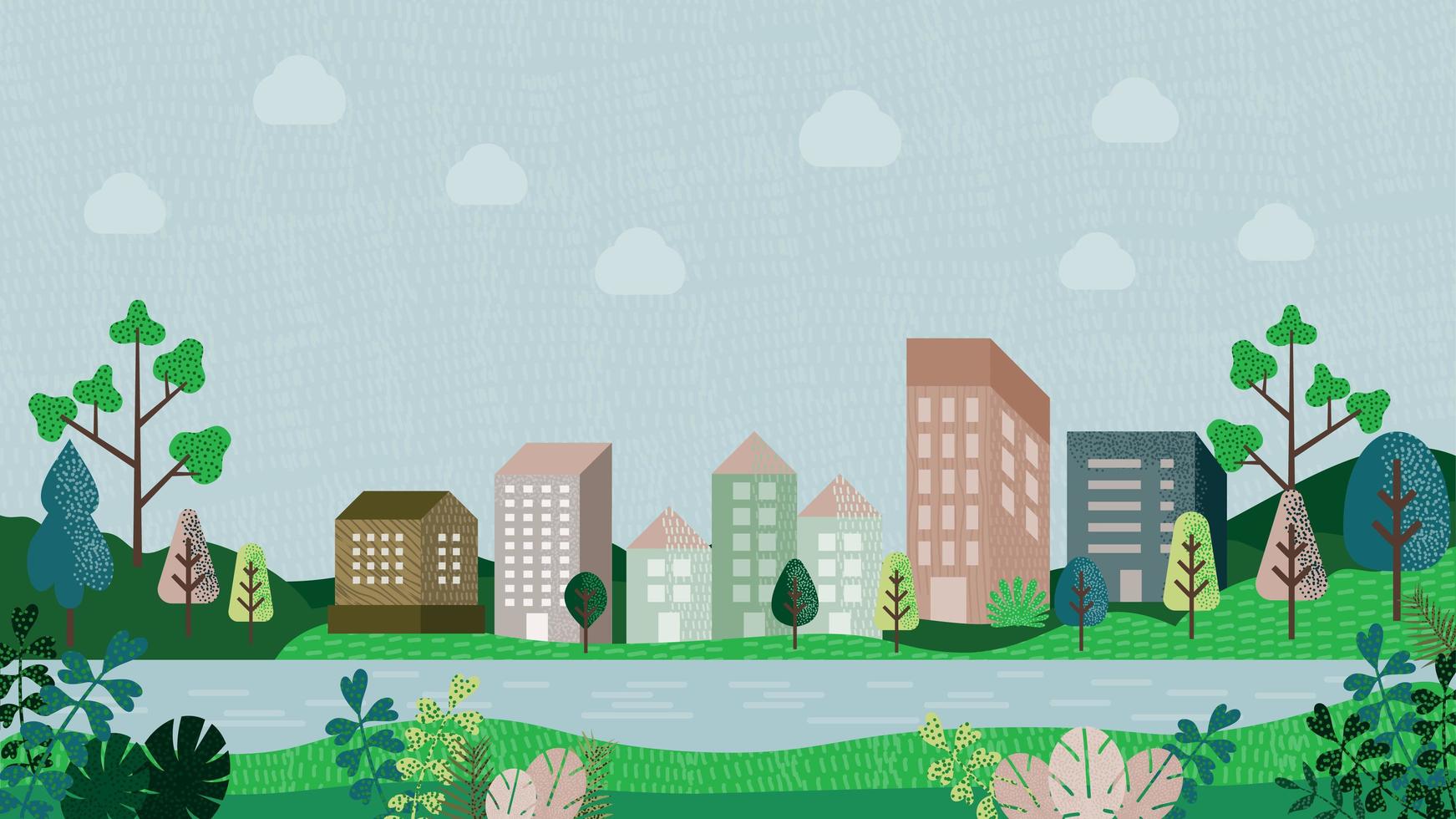 River city landscape with buildings, hills and trees vector