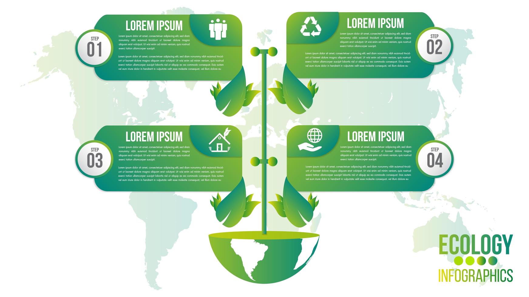 Infografía de ecología con leafves y mapa mundial vector