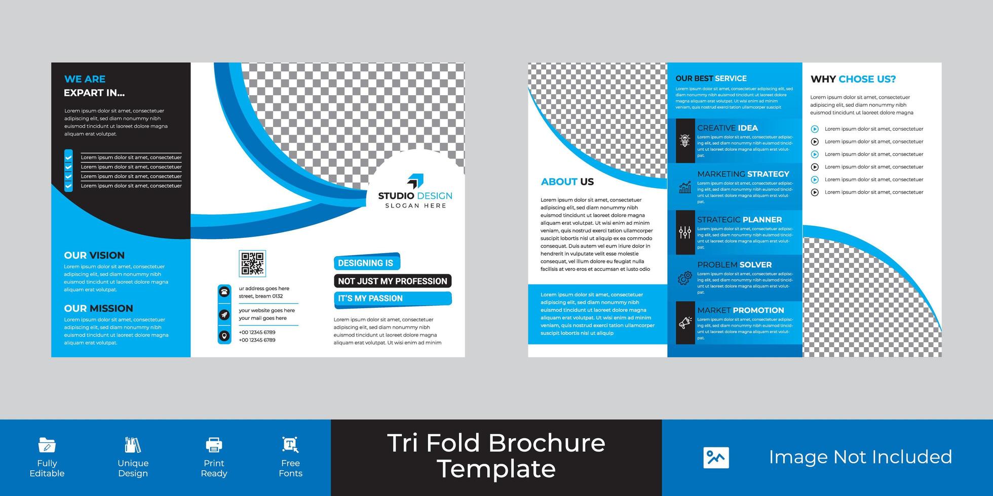 Blue and White Curve Business Corporate Trifold Template Design vector