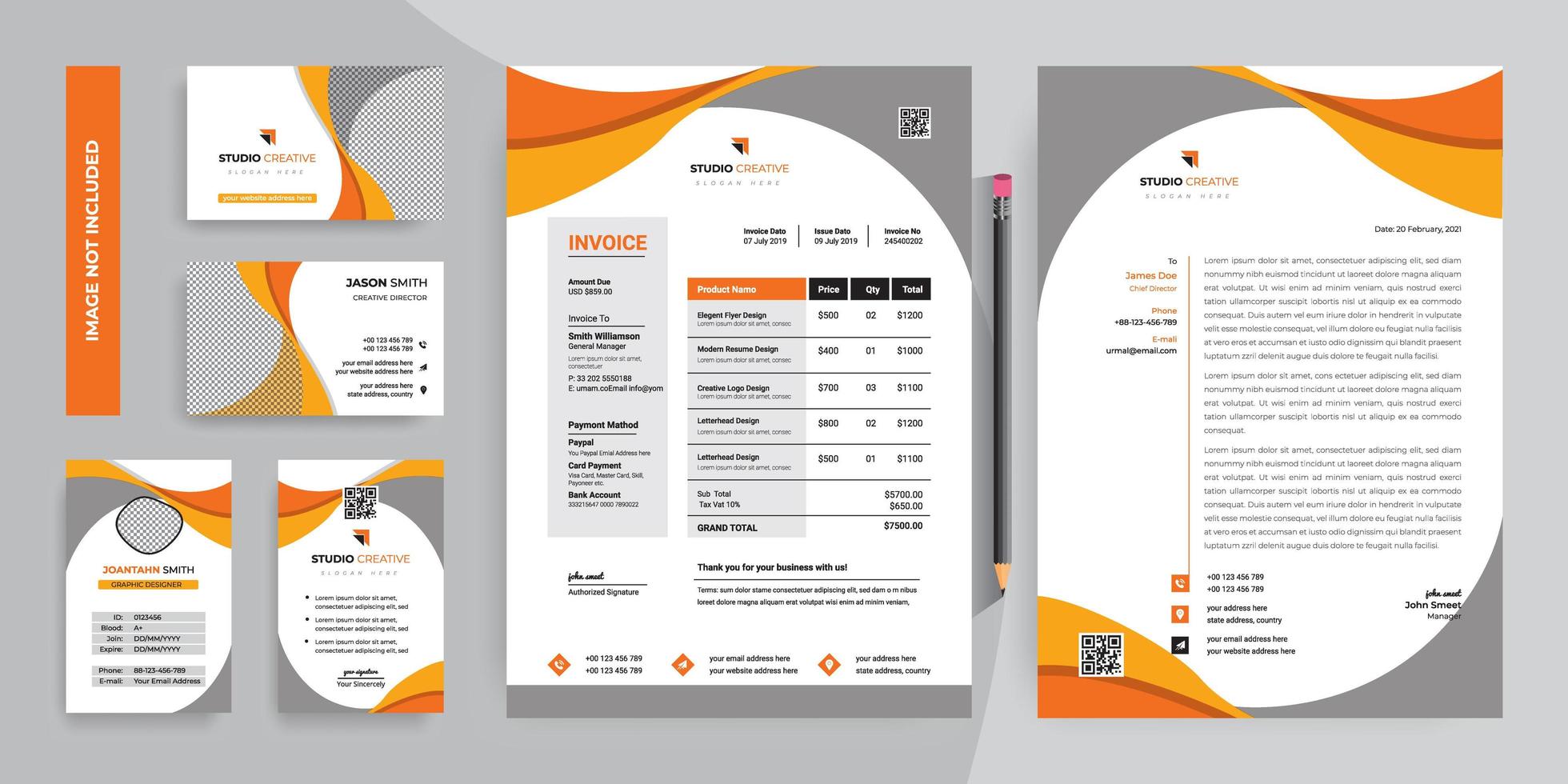 Orange and Grey Curve  Corporate Stationery Template Design Set vector