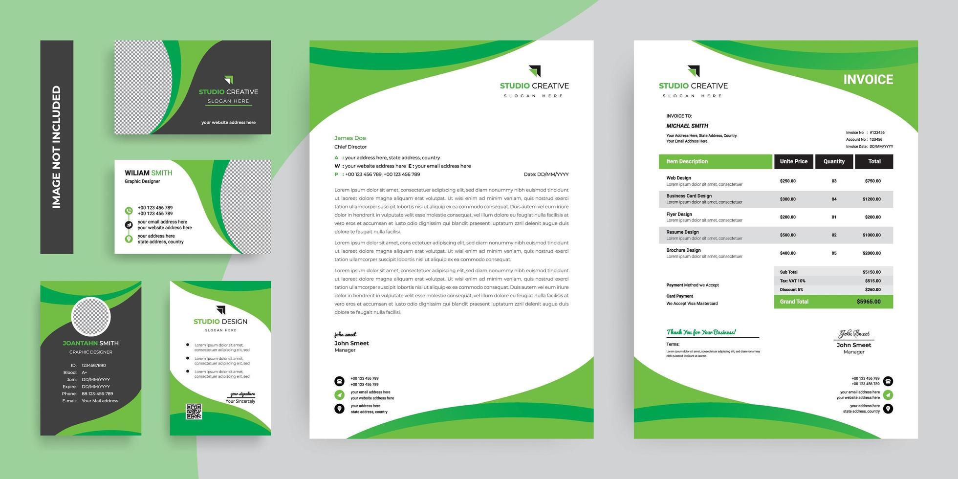 Bright Green Modern Corporate Stationery Template Design Set vector