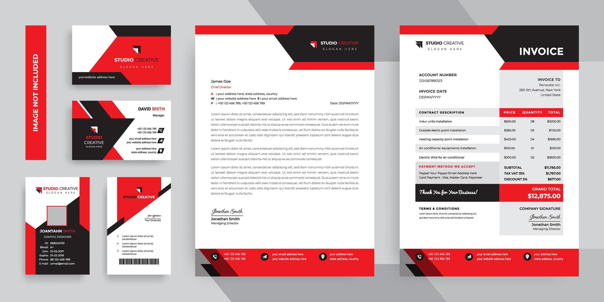 Black and Red Modern Business  Stationery Template Set vector