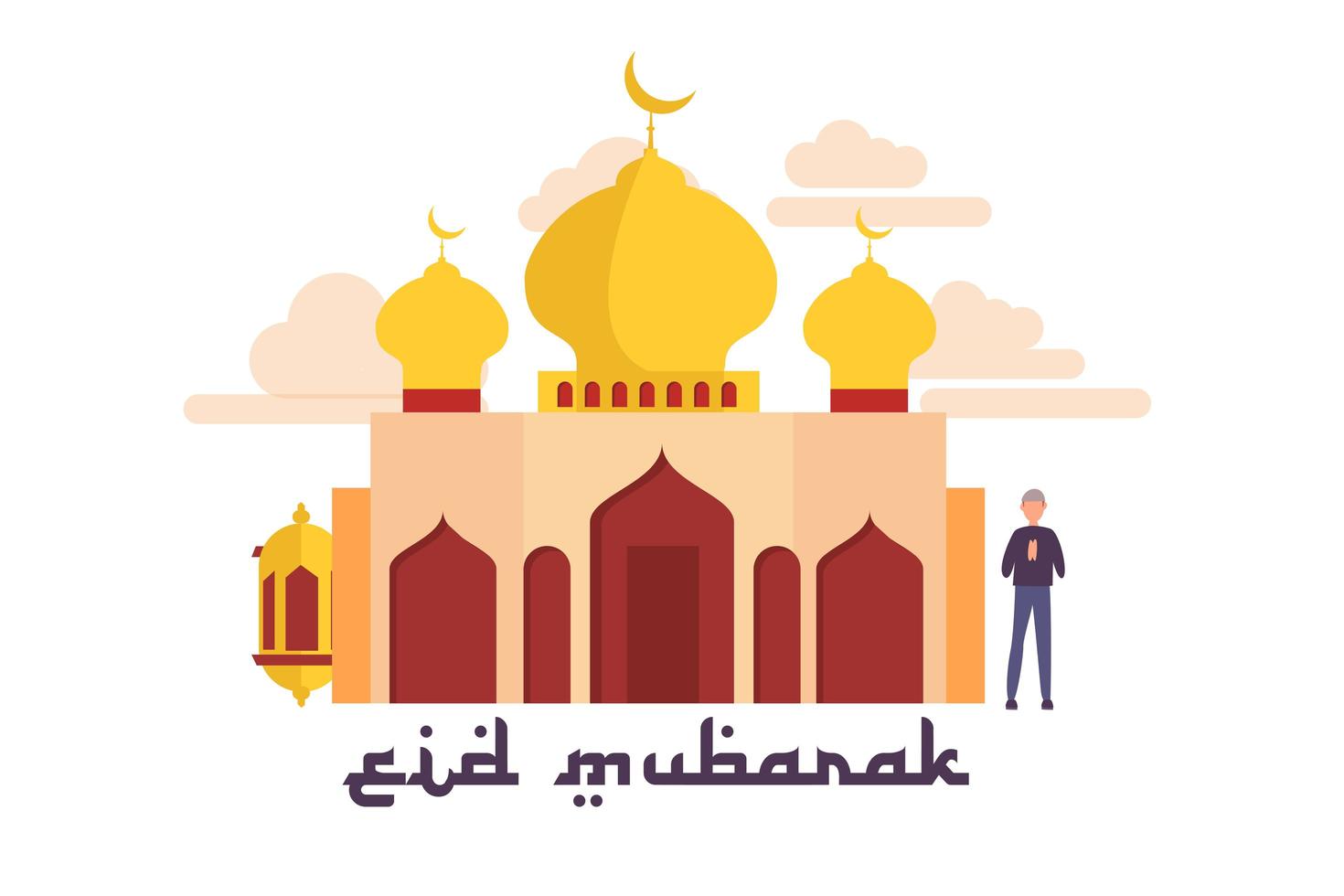 feliz diseño de Ramadán con persona al lado de la mezquita vector