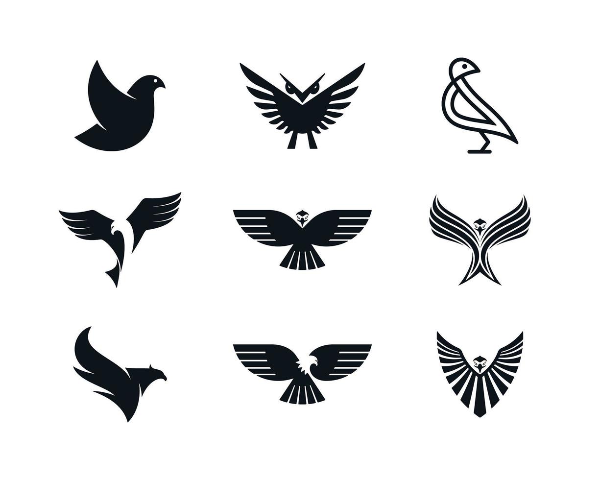 águila, paloma, fénix, y, búho, iconos vector