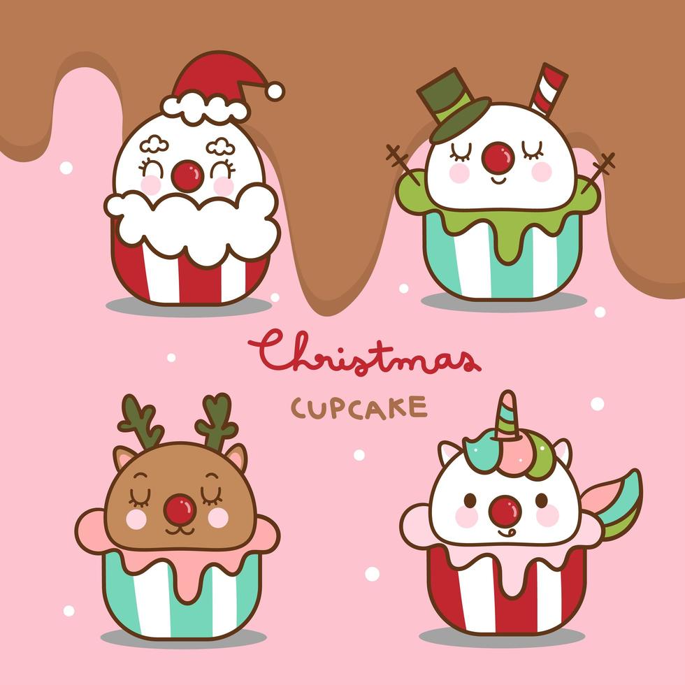 Cute Winter cupcakes Christmas Kawaii food vector
