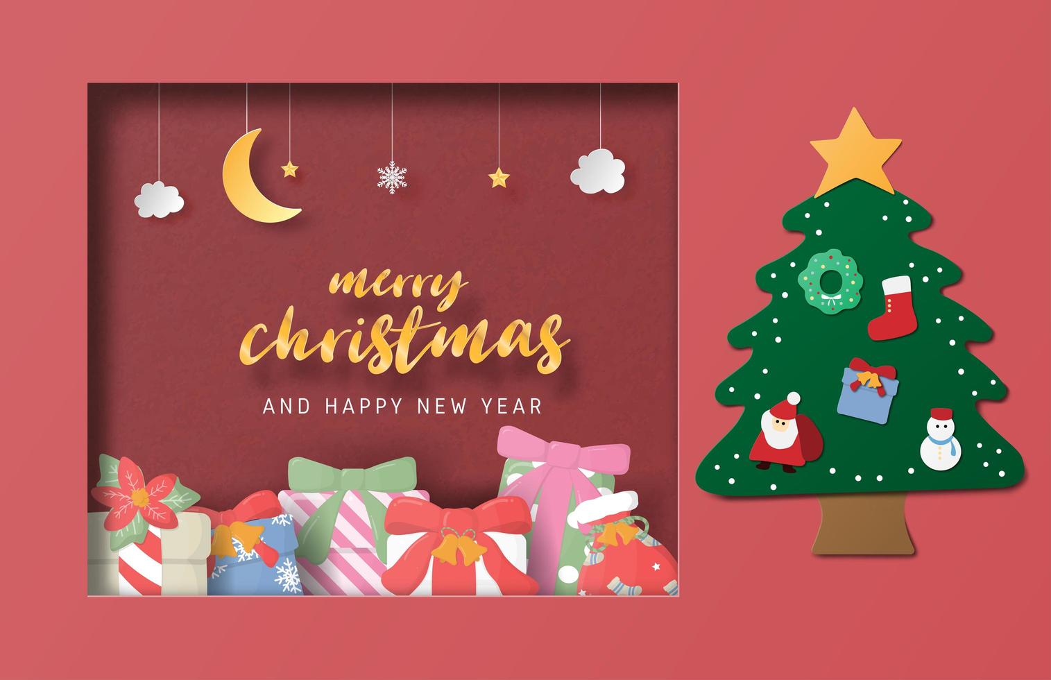 Christmas celebration greeting card in paper cut style. vector