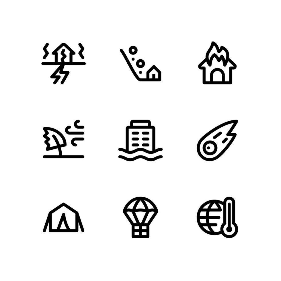 Disaster Line Icons Including Earthquake, House on Fire and More vector