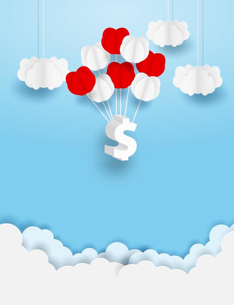 signo de dólar colgando de globos en el cielo vector