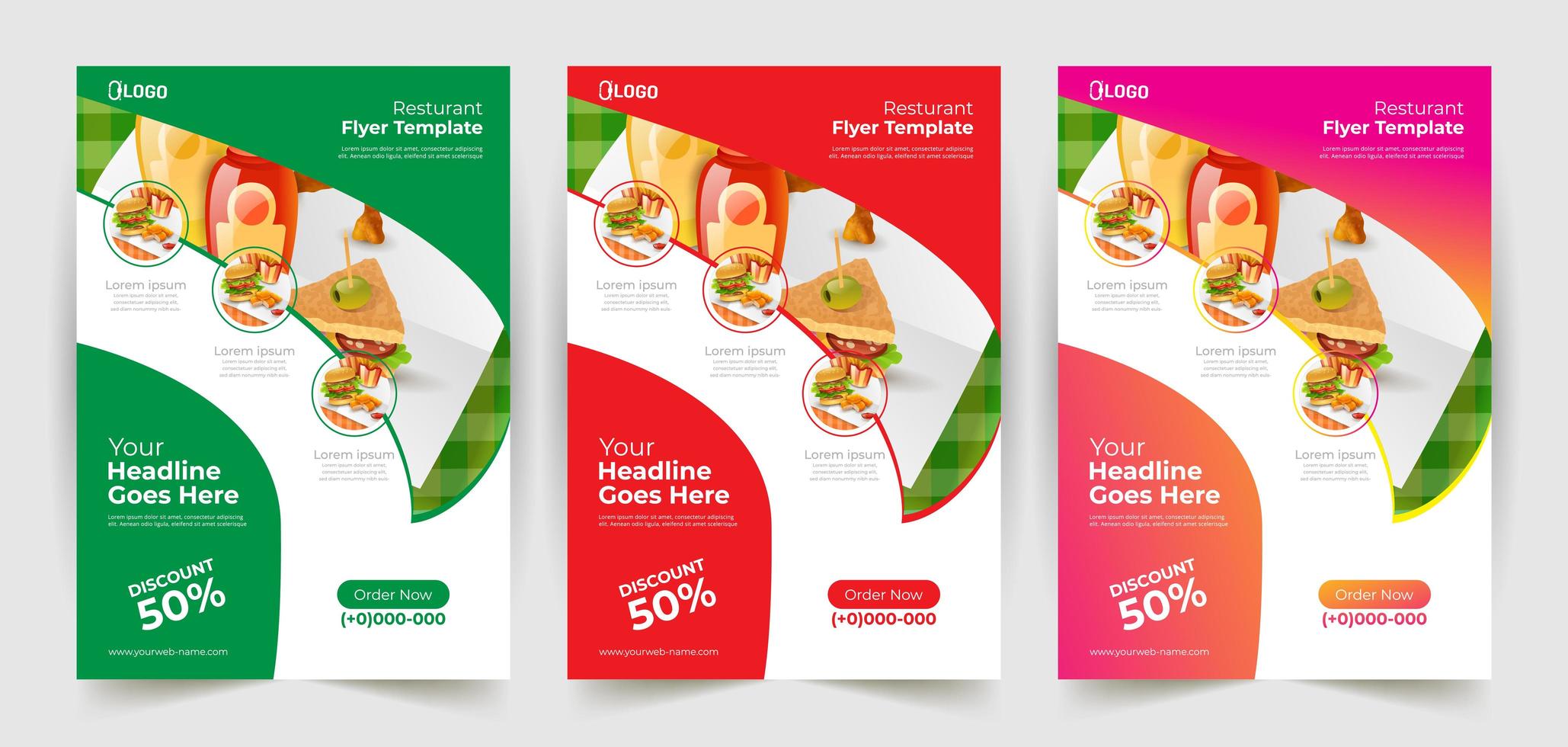 Colorful Restaurant Flyer Set with Curve Design vector