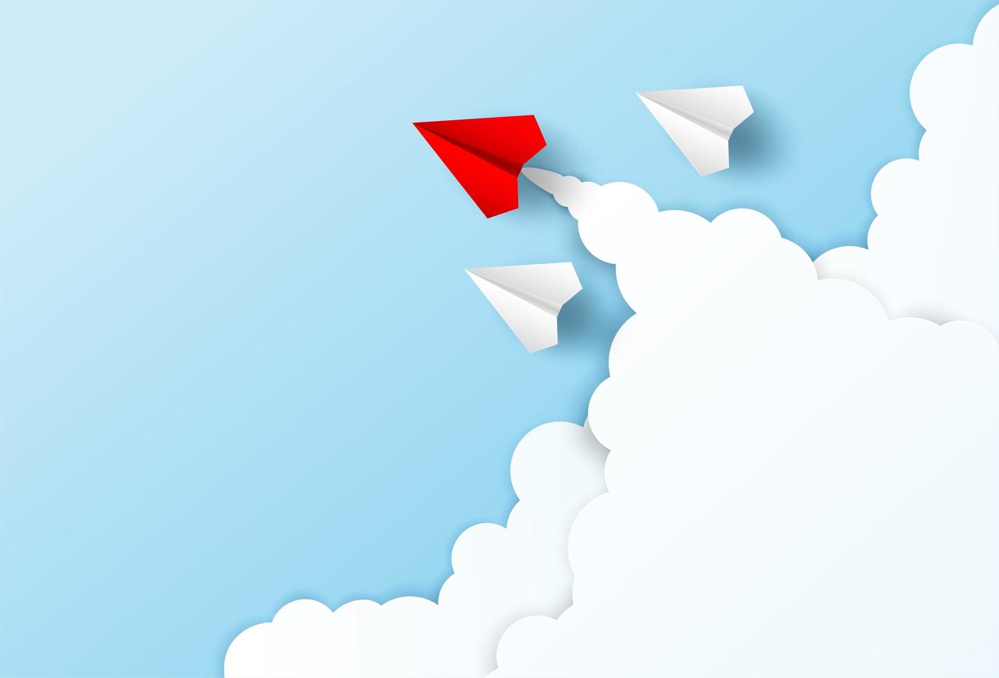 Red and White Paper Planes Flying From Clouds vector