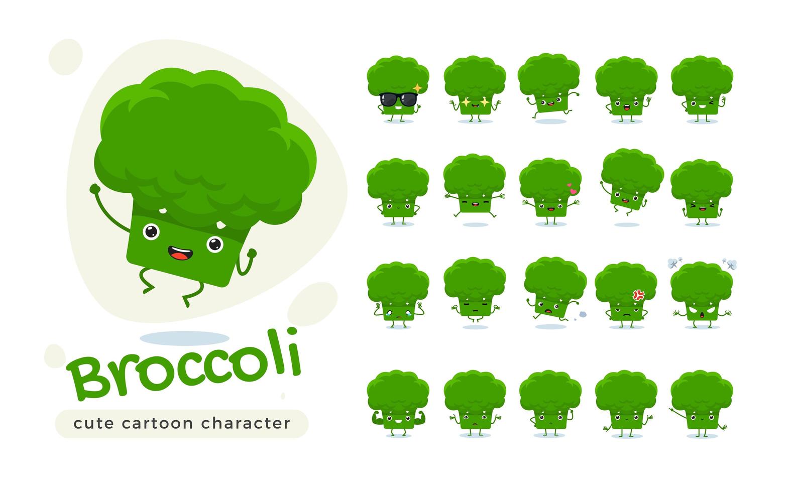 Cute Green Broccoli Character Set vector