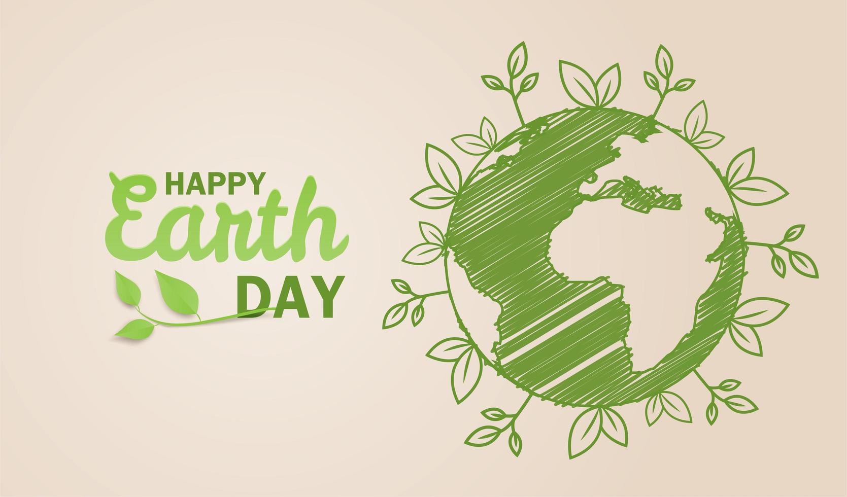 Earth day design with globe map drawing and leaves vector