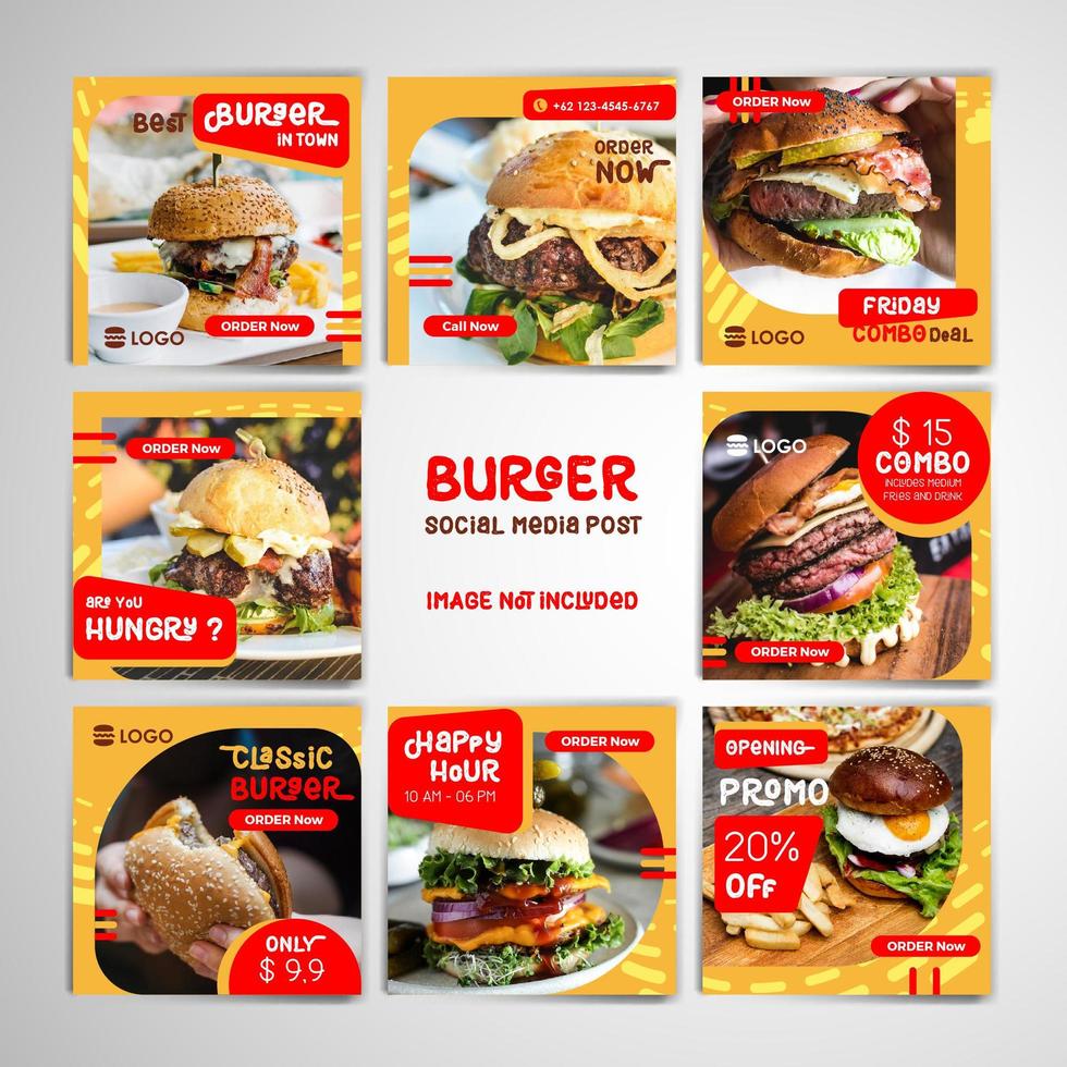 Burger Social Media Post Set with Yellow Theme vector