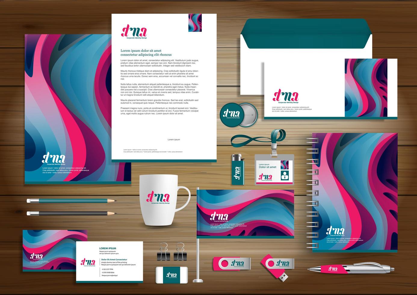 Conjunto de identidad de forma curva brillante y artículos promocionales vector