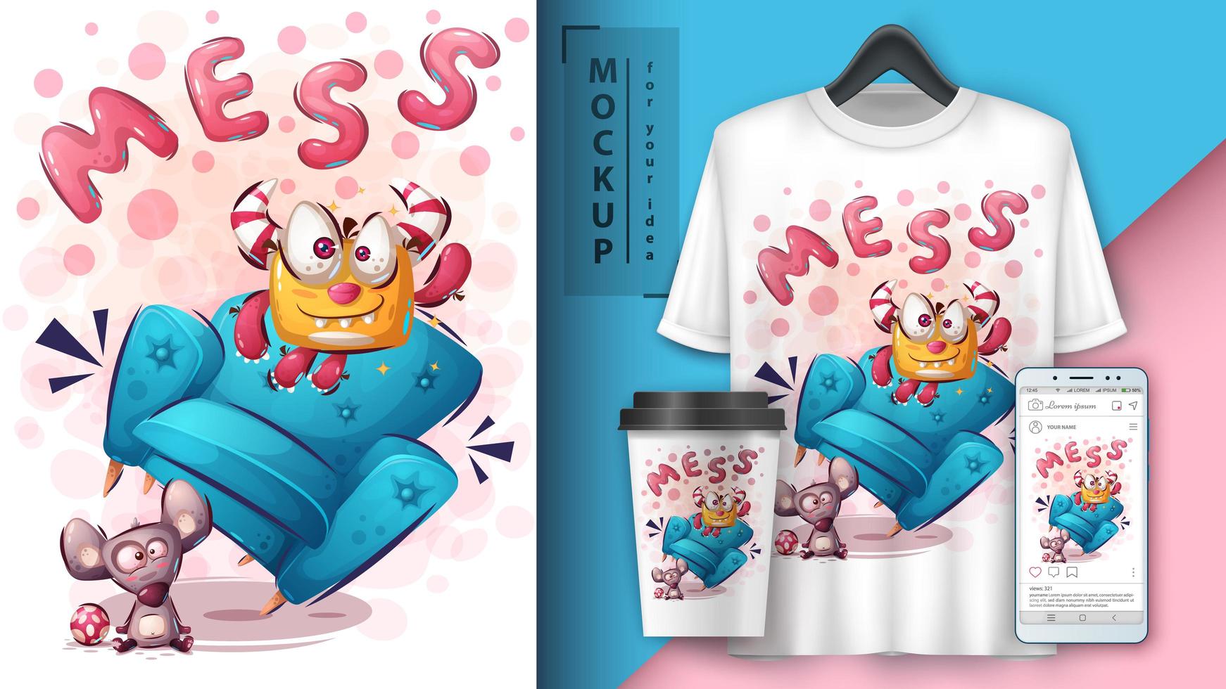 feliz desastre monstruo merchandising vector