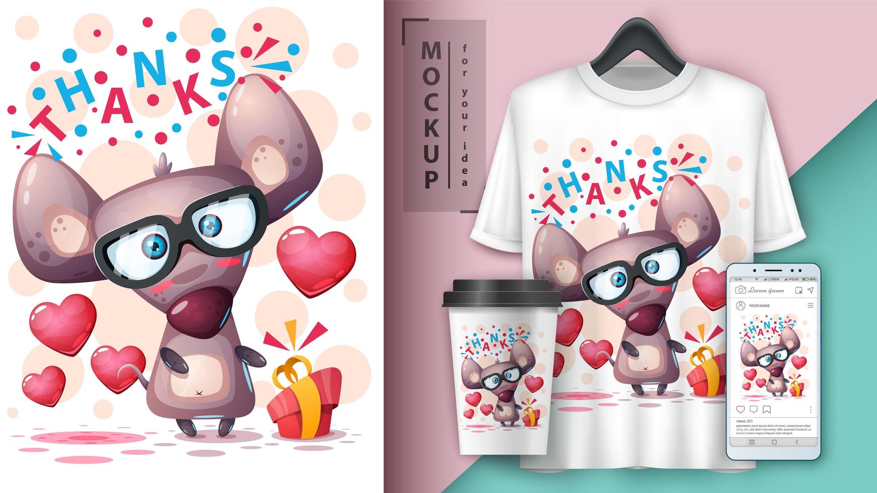 Mouse mockup with hearts vector