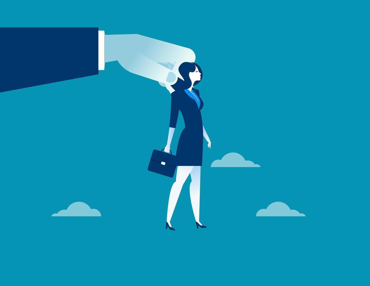Big hand using businesswoman for control vector