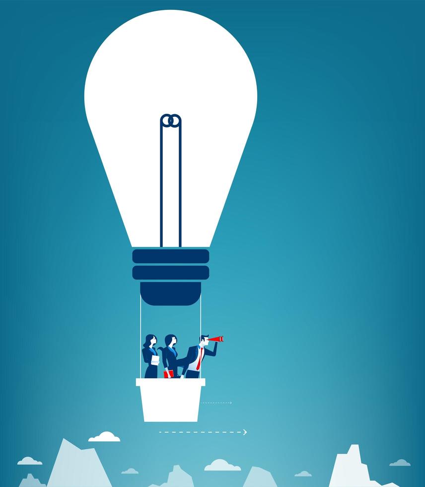 Business team flying in the sky on a lamp format hot air balloon vector