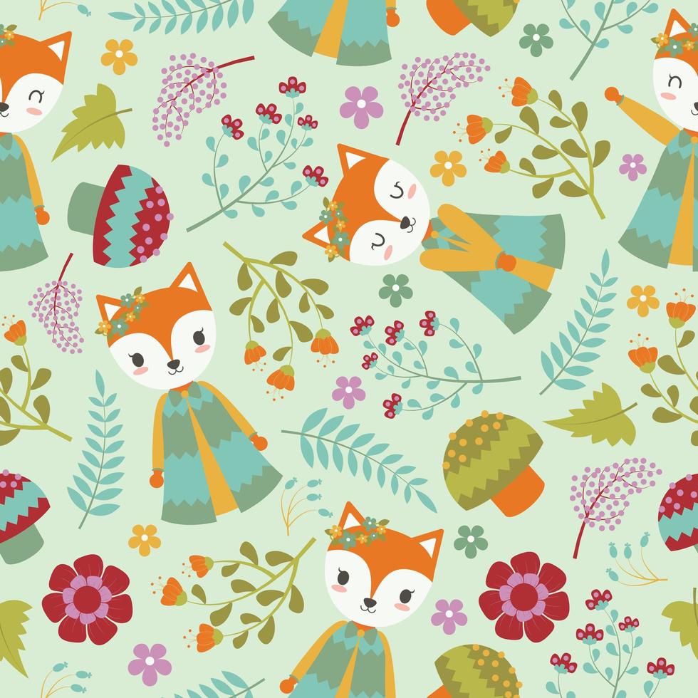 Cute Fox And Flowers Background Pattern vector