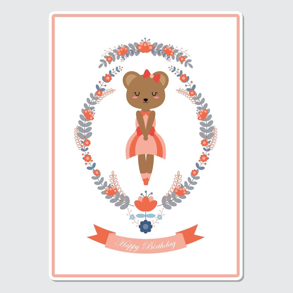 Bear Girl On Flower Wreath For Birthday Card vector