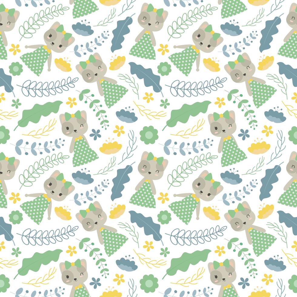 Cute Cat And Flowers Seamless Pattern vector