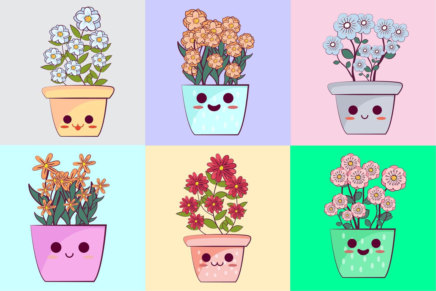Set Of Kawaii Flower Pots 0972 Vector Art At Vecteezy