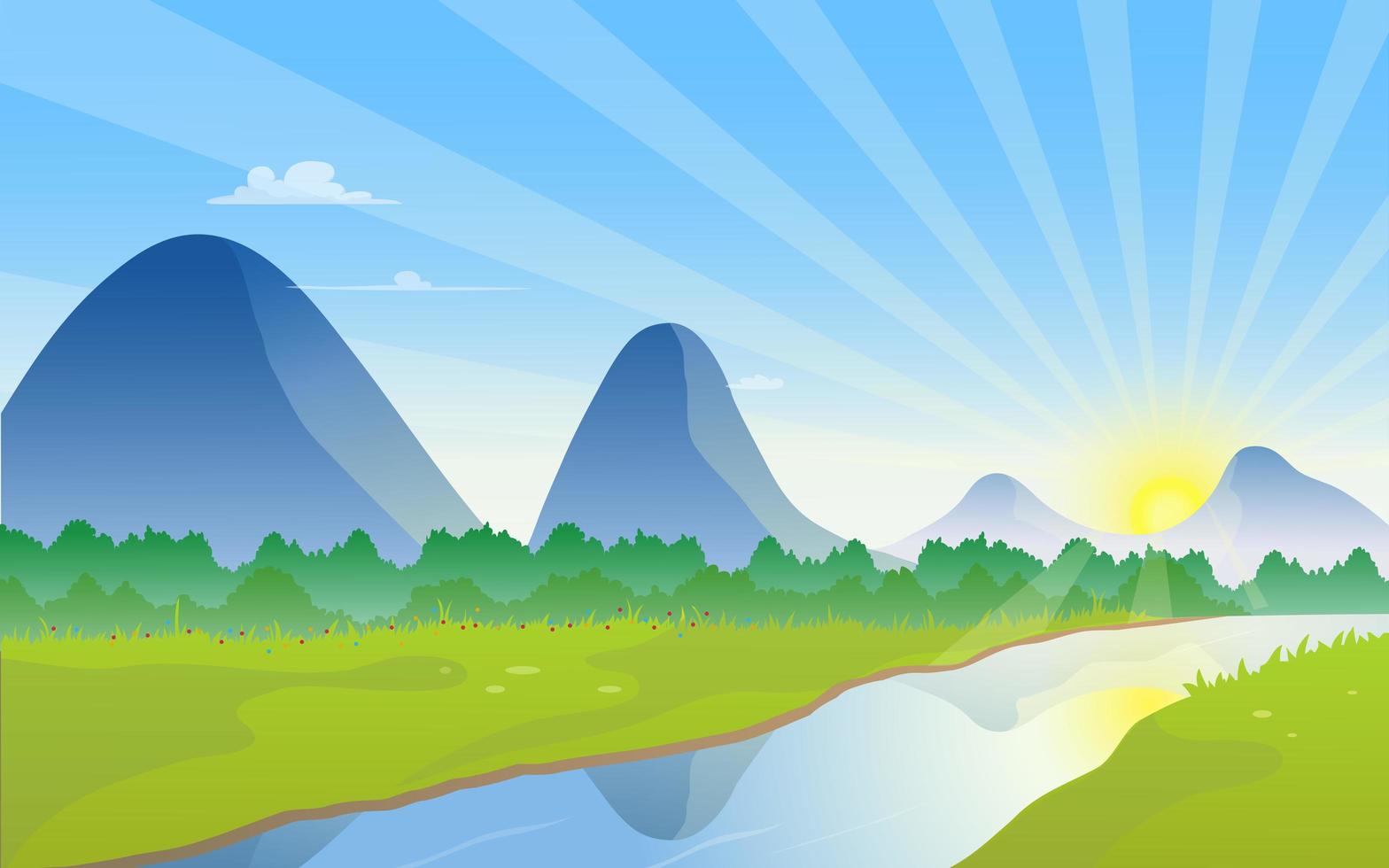 Mountains View with River and Sunrise on Horizon vector