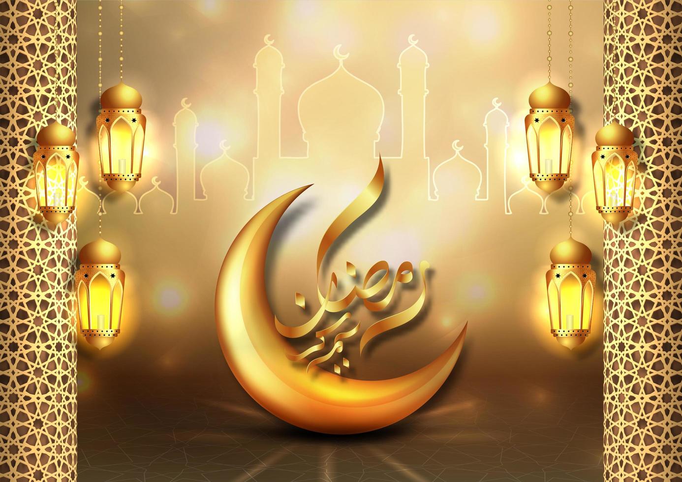 diseño de tarjeta de felicitación de oro luna ramadan kareem vector