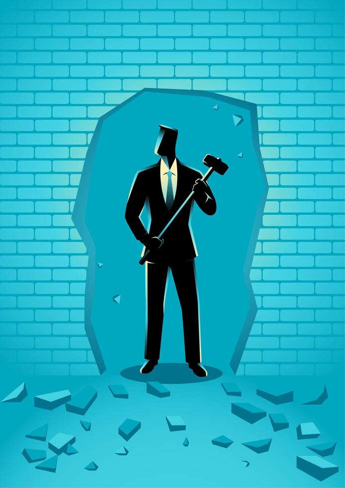 Businessman Silhouette with Hammer Breaking Wall vector