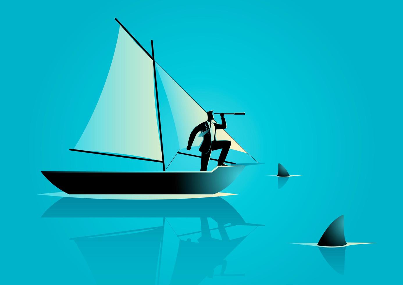 Businessman Silhouette in Boat Surrounded By Sharks vector