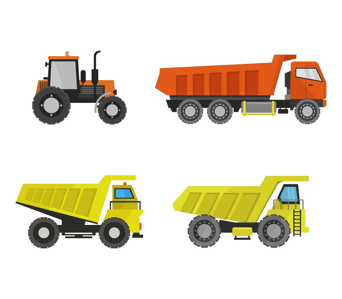 Conjunto de camiones y tractor sobre un fondo blanco. vector
