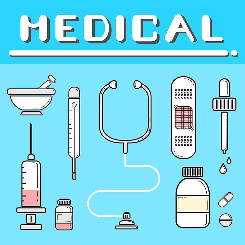 Set of flat style medical tools on blue vector