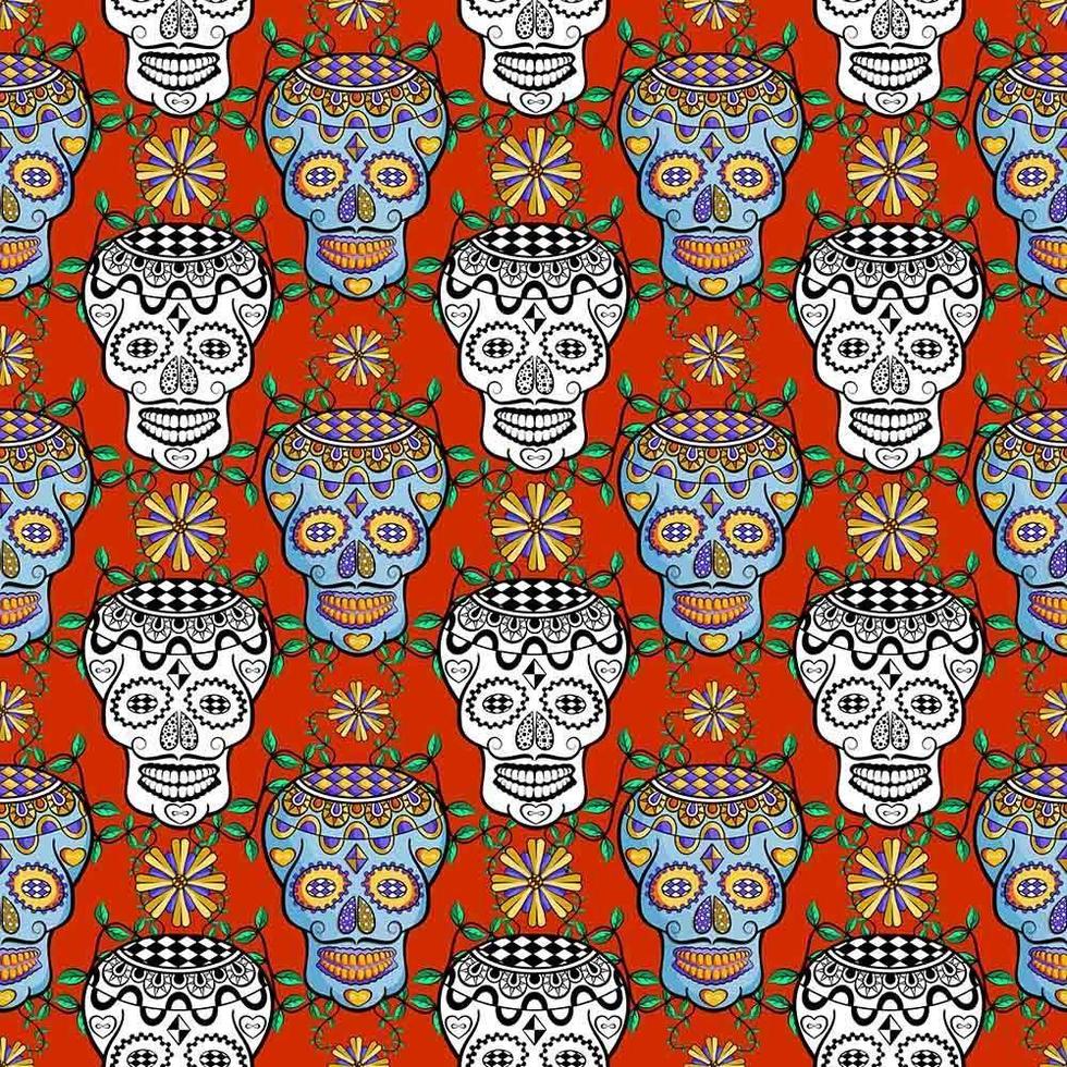 Seamless sugar skull pattern on red vector