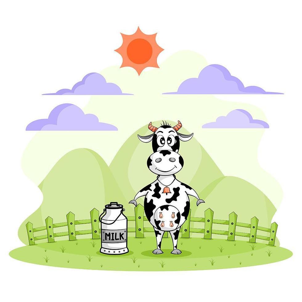 Caricatura de vaca y cubo de leche en la granja vector