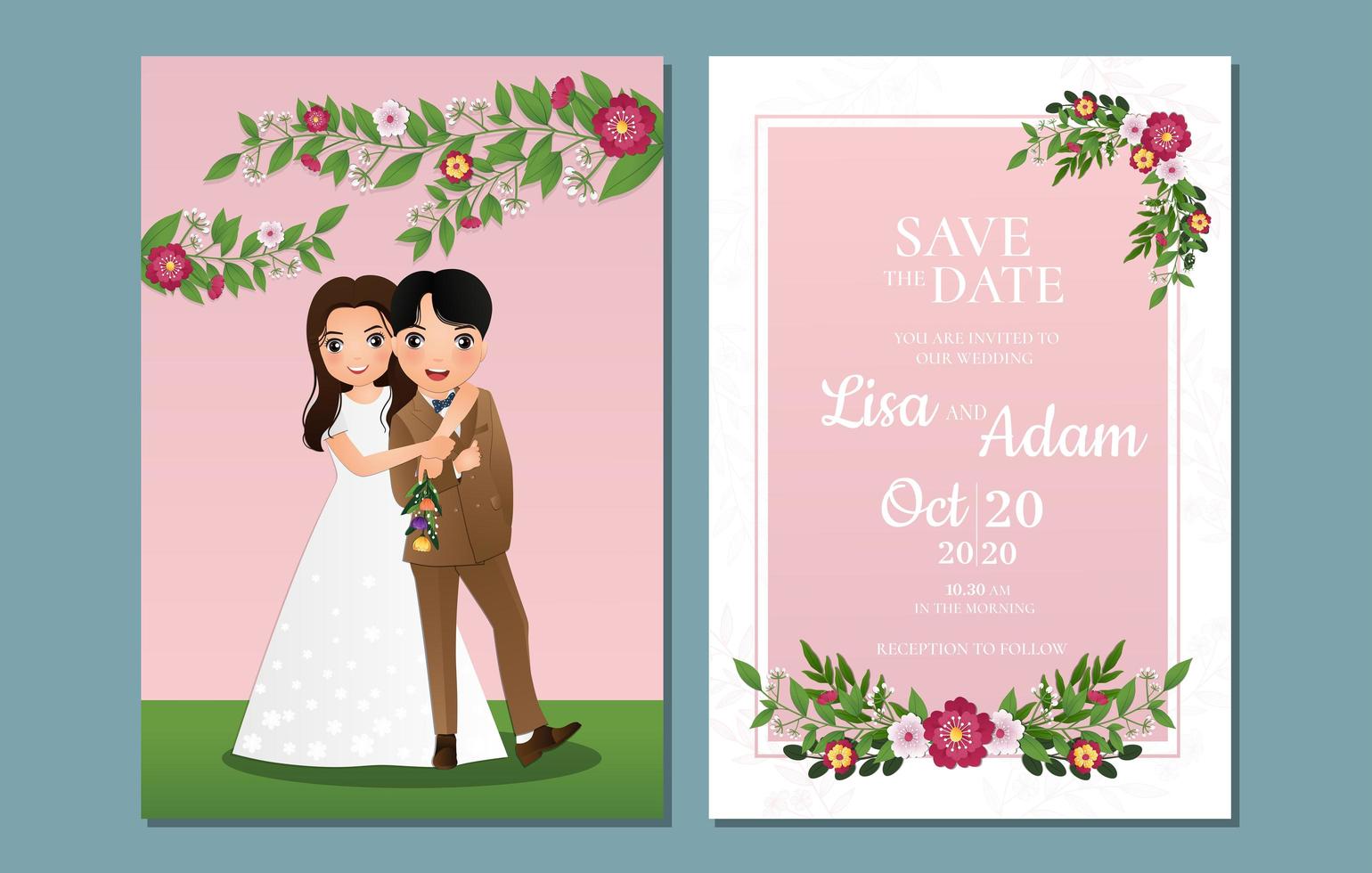 Floral Save the Date with Bride and Groom Outdoors vector