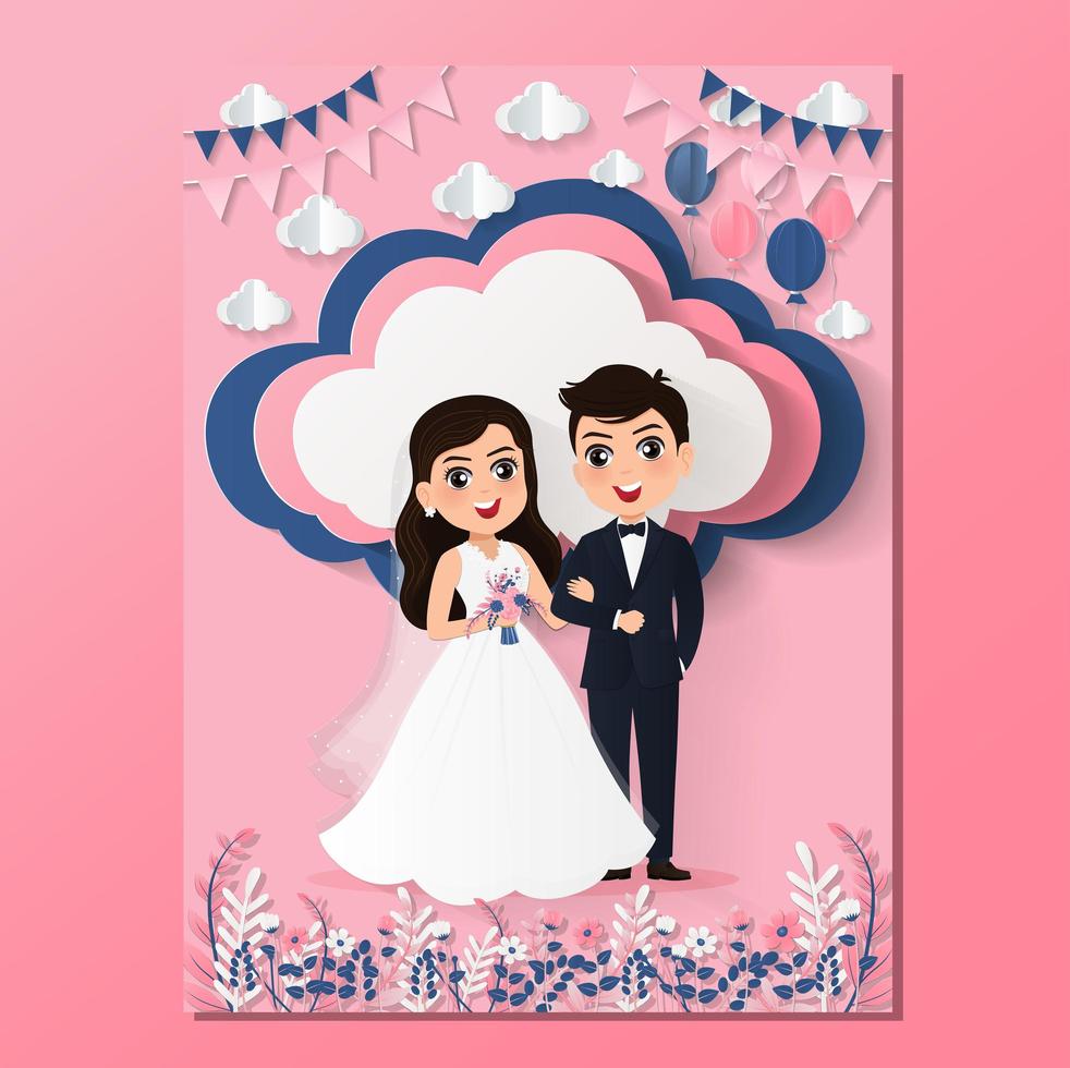 Paper Cut Wedding Card with Bride and Groom vector