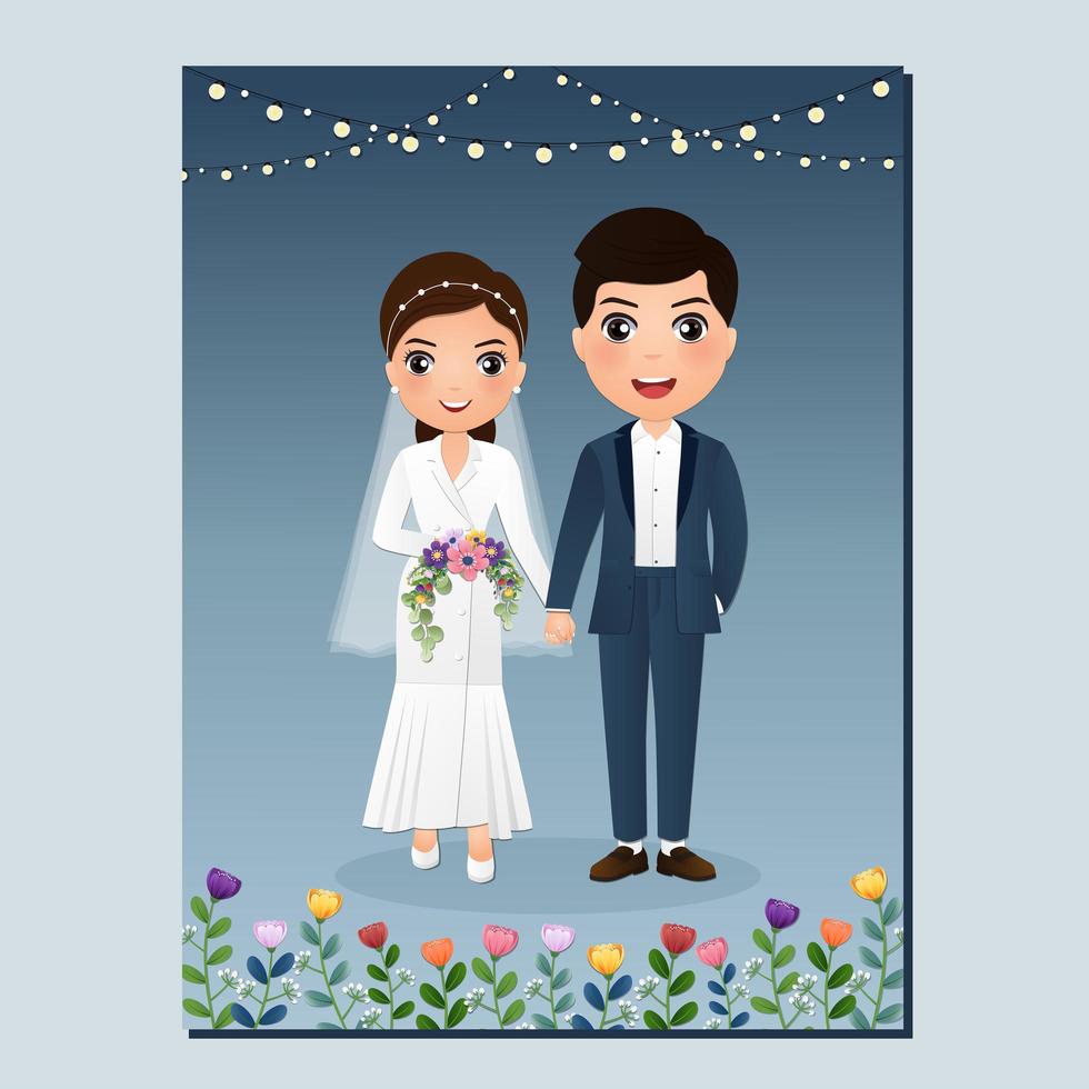 Card with Bride and Groom Under Lights vector