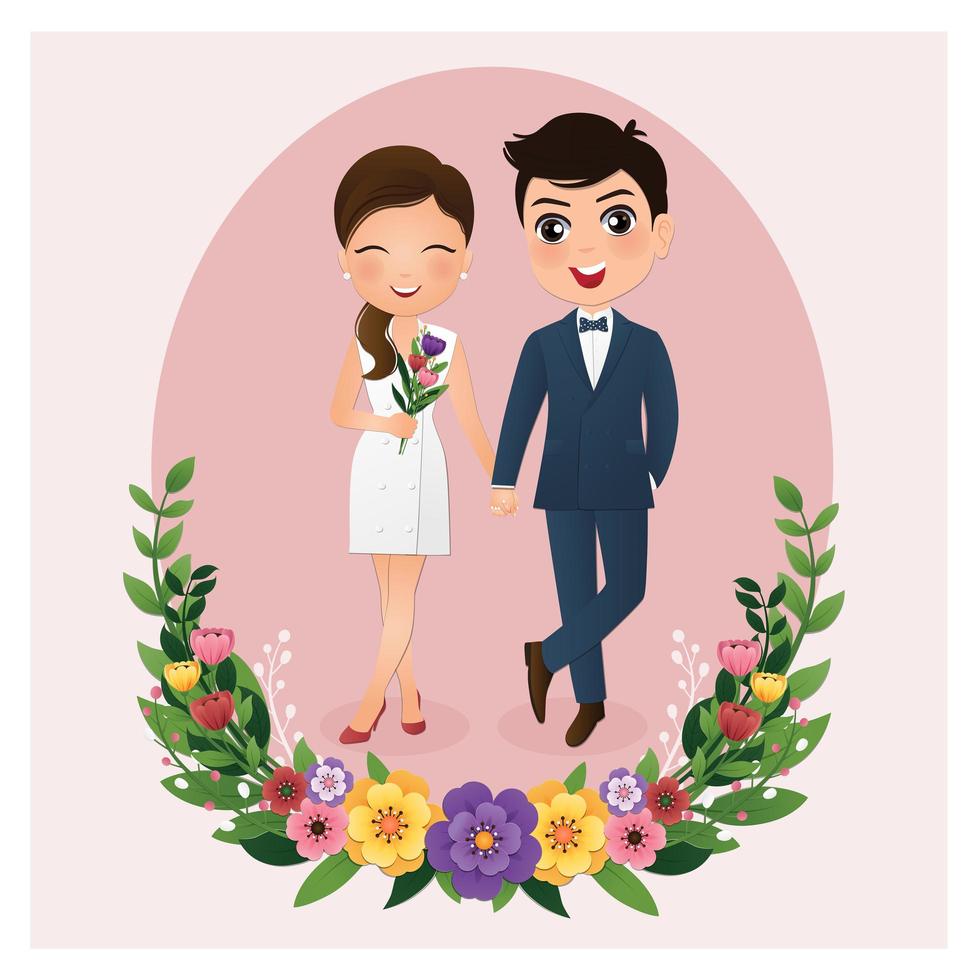 Novia y el novio en el marco del círculo con flores. vector