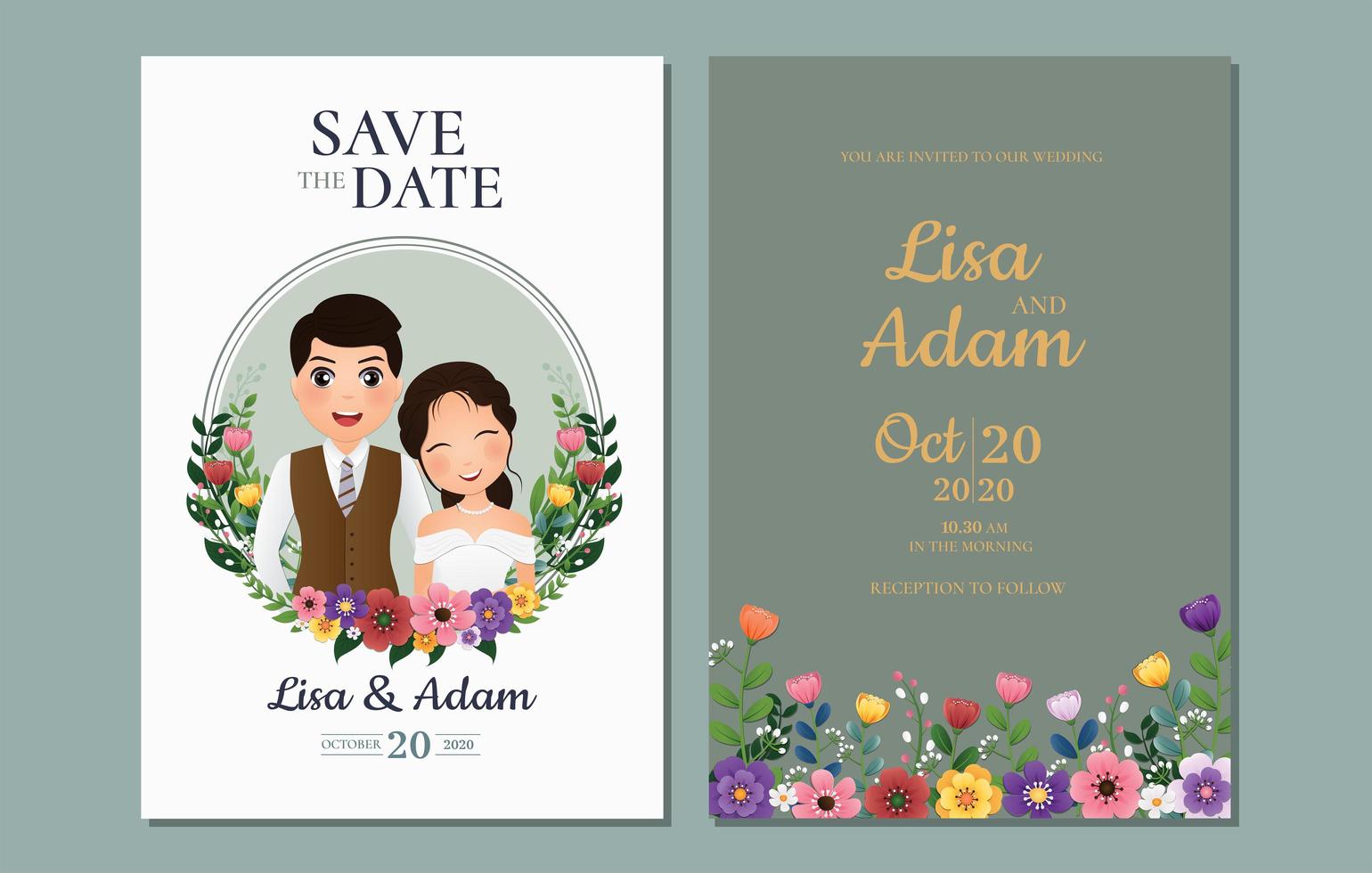 Save the Date with Bride and Groom in Circle Frame vector