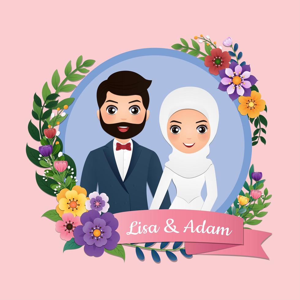 Floral Circle Frame with Bride and Groom vector