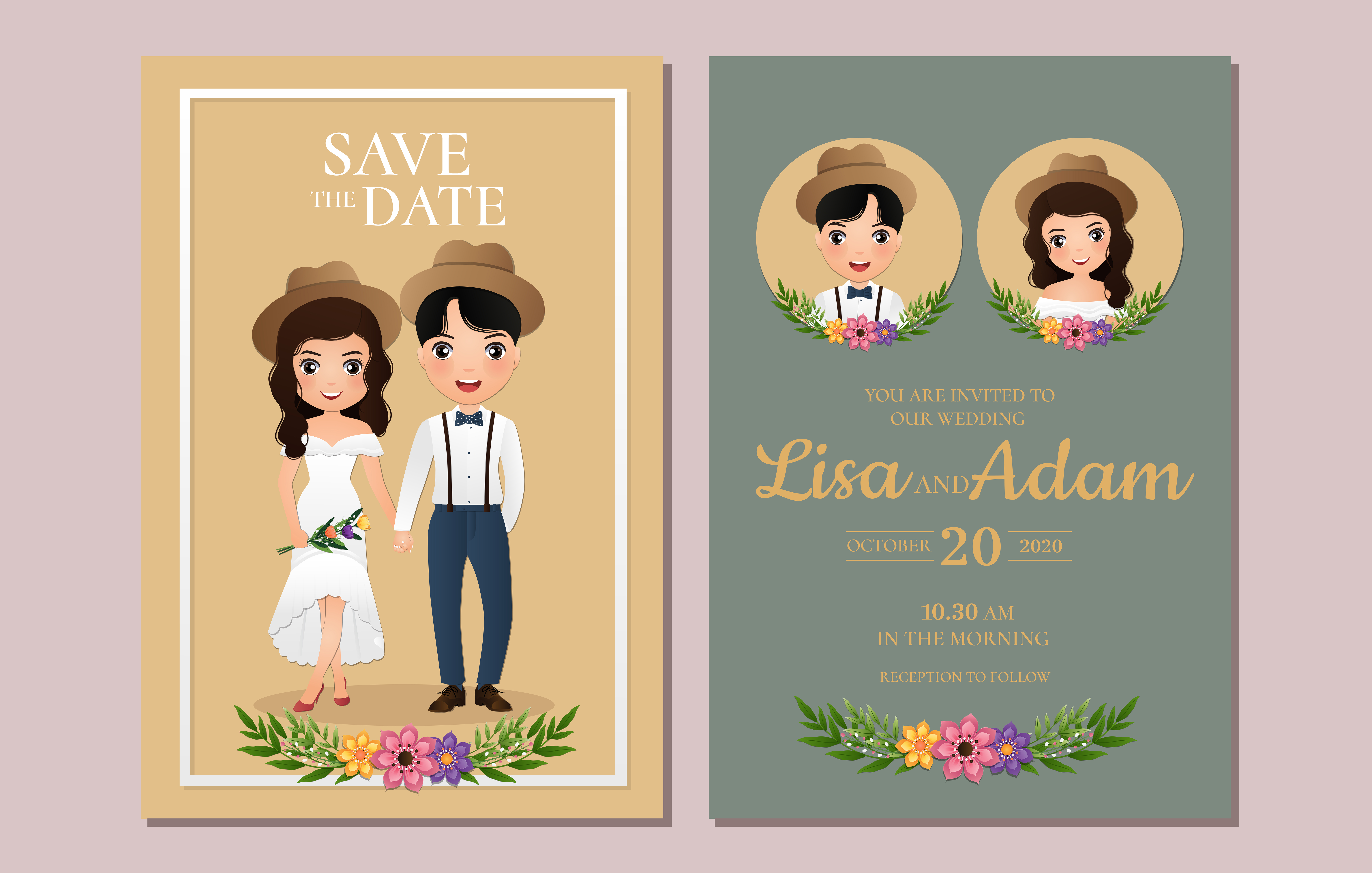 Save the Date Cards with Couple in Hats 831235 Vector Art at Vecteezy