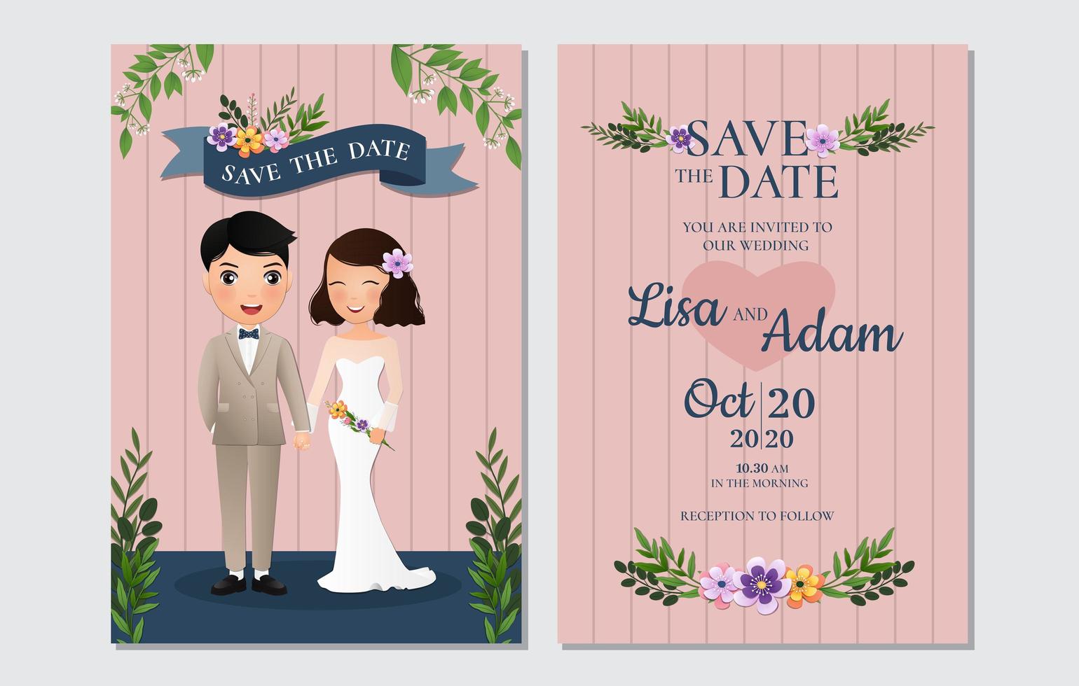 Striped Save the Date Card with Bride and Groom vector